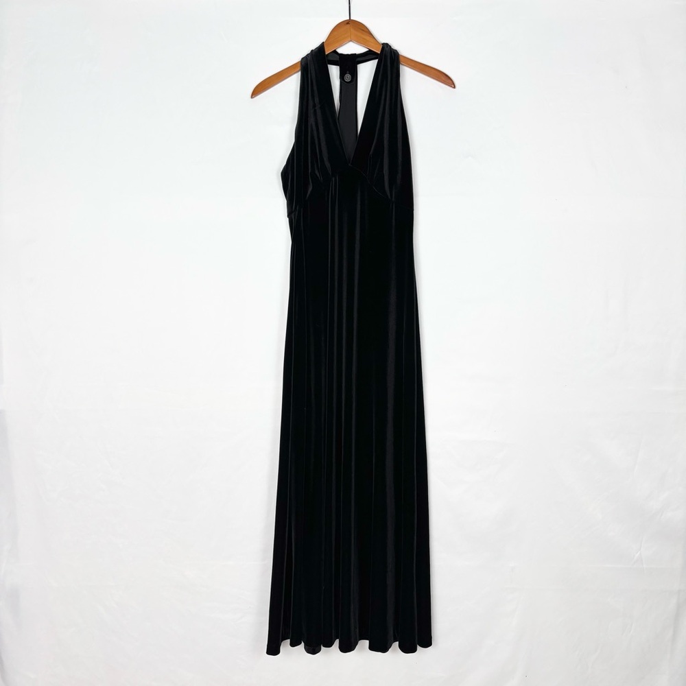 Vintage Mica Halter Velvet Maxi Dress Black Size 10โ V Neck USA
